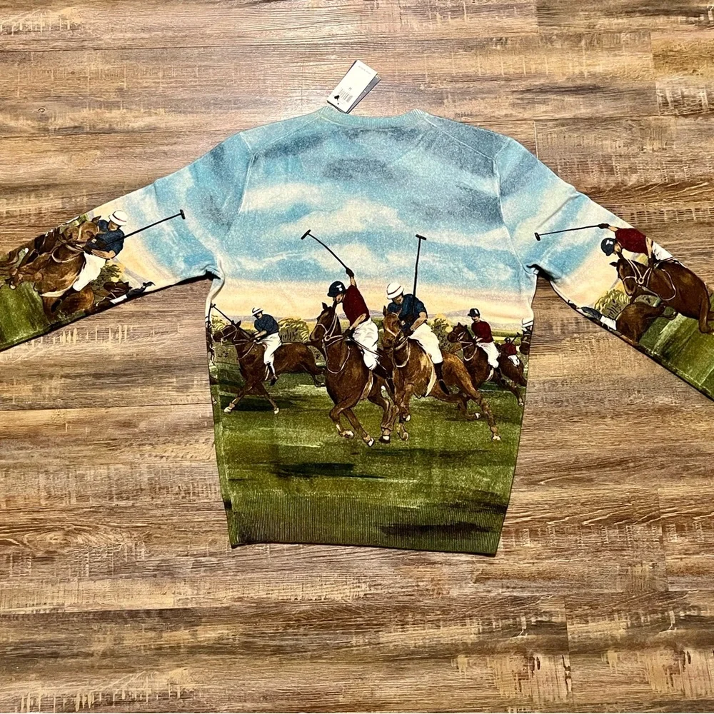 Polo Ralph Lauren Equestrian Graphic Print Polo Match 100% Cashmere Sweater Rare - Picture 7 of 8